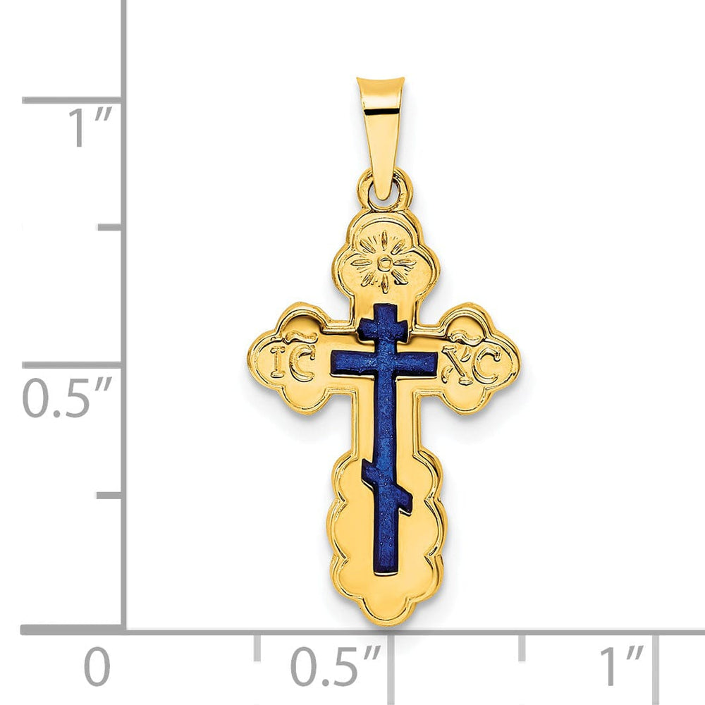 Lovely Rita's 14k Yellow Gold Eastern Orthodox Blue Enamel Design Cross Pendant