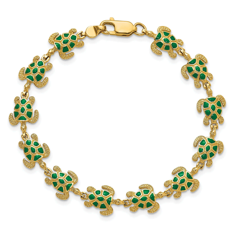 "Green Enamel 14K Gold Sea Turtle Bracelet - Lobster Clasp"