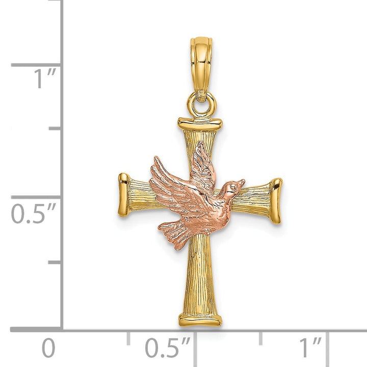 14k Two Tone Gold Artistic Design Cross with Dove Pendant