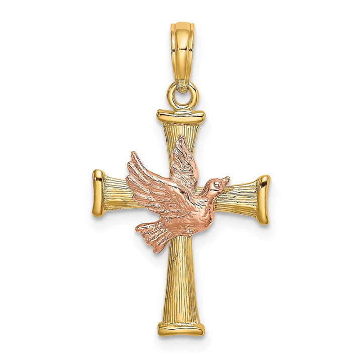 14k Two Tone Gold Artistic Design Cross with Dove Pendant