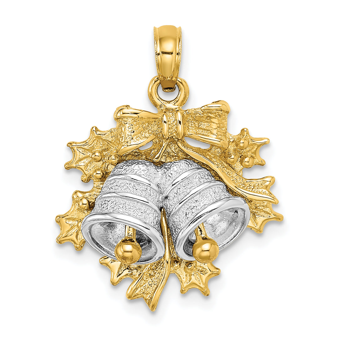 14k Two-tone Gold 3-D Moveable Christmas Bells, Holly Charm Pendant