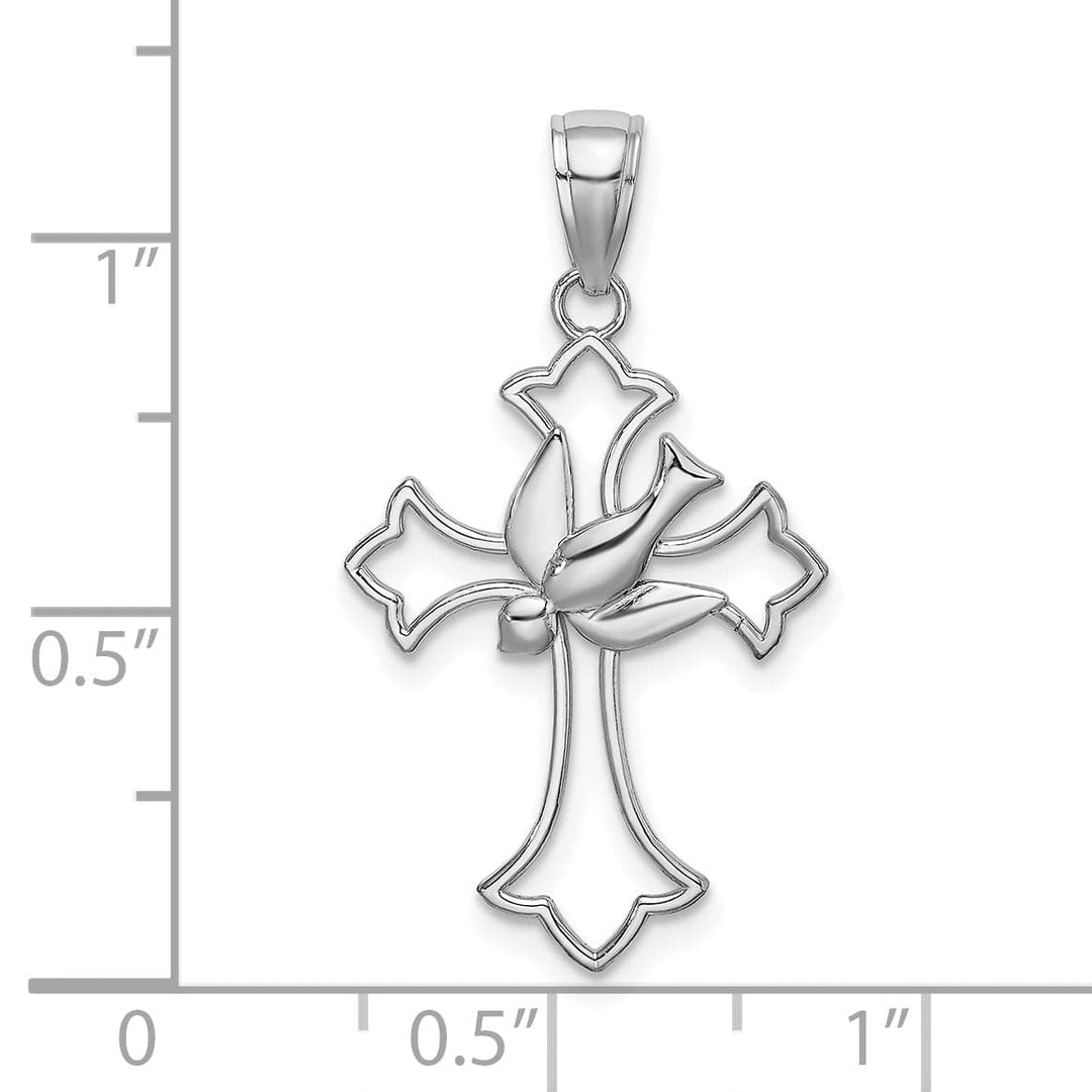 14K White Gold Polished Sleek Design Cross with Dove Pendant