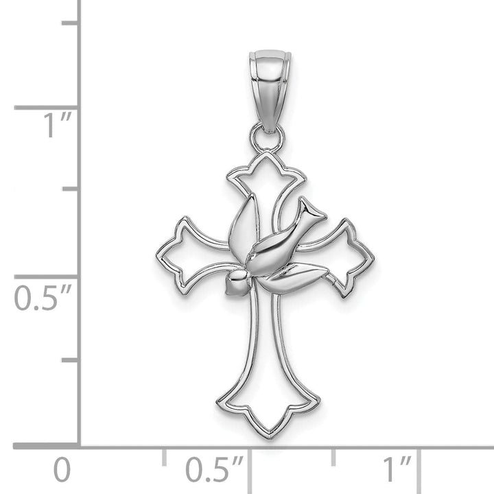 14K White Gold Polished Sleek Design Cross with Dove Pendant