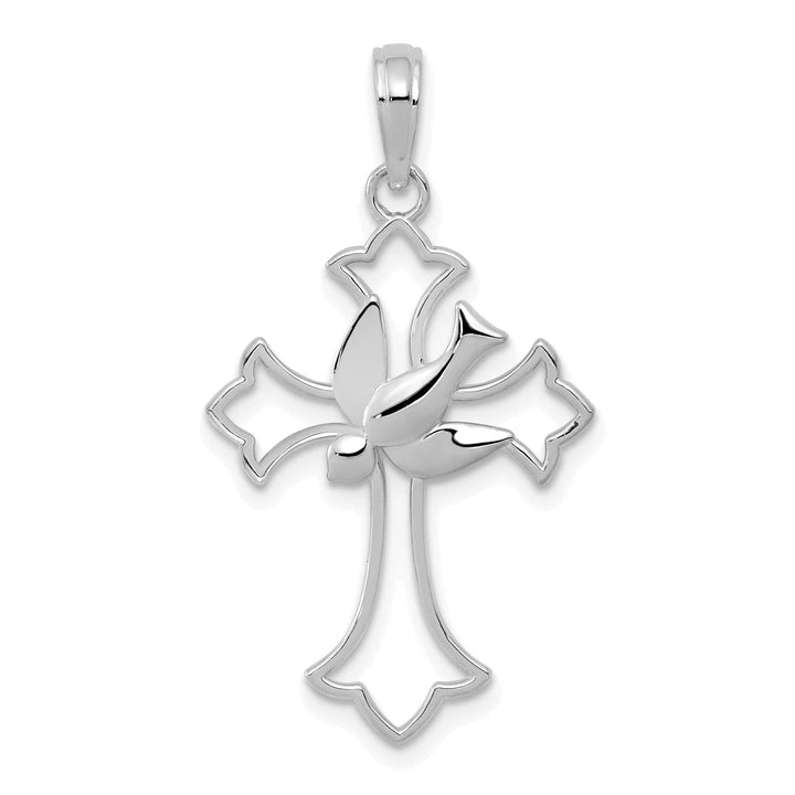 14K White Gold Polished Sleek Design Cross with Dove Pendant