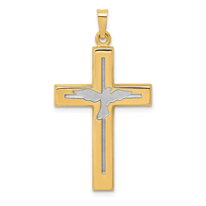 14K Yellow, White Gold Cross with Dove Design Pendant