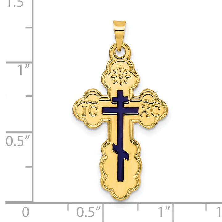 14k Yellow Gold Eastern Orthodox Blue Enamel Cross Pendant