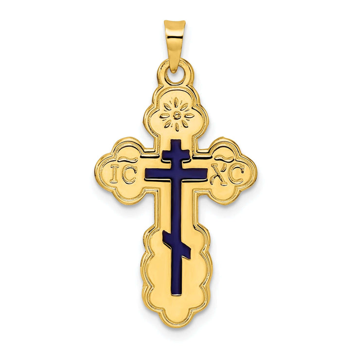 14k Yellow Gold Eastern Orthodox Blue Enamel Cross Pendant