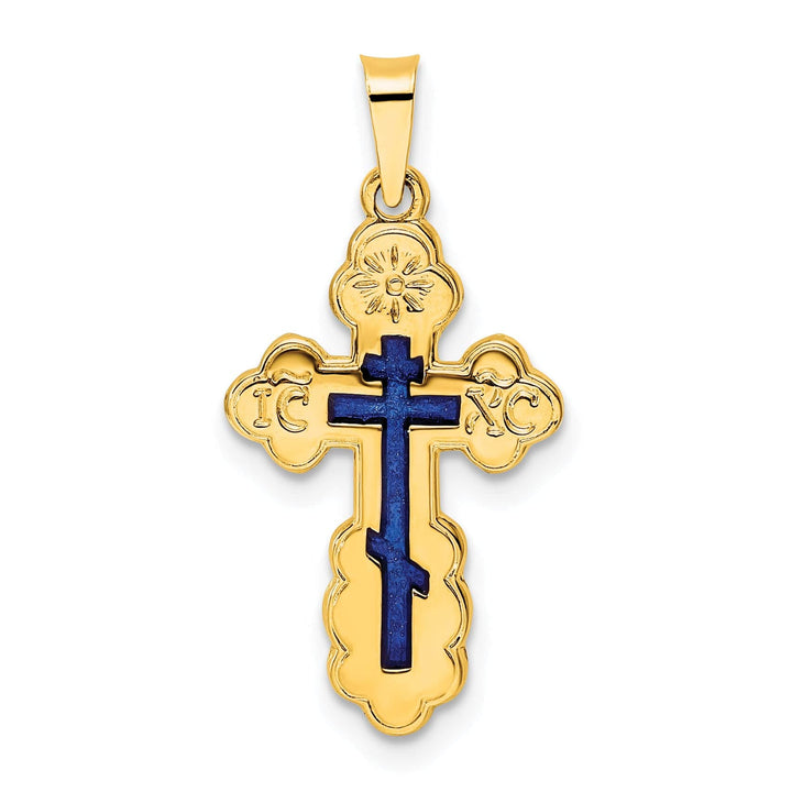 14k Yellow Gold Eastern Orthodox Blue Enamel Design Cross Pendant