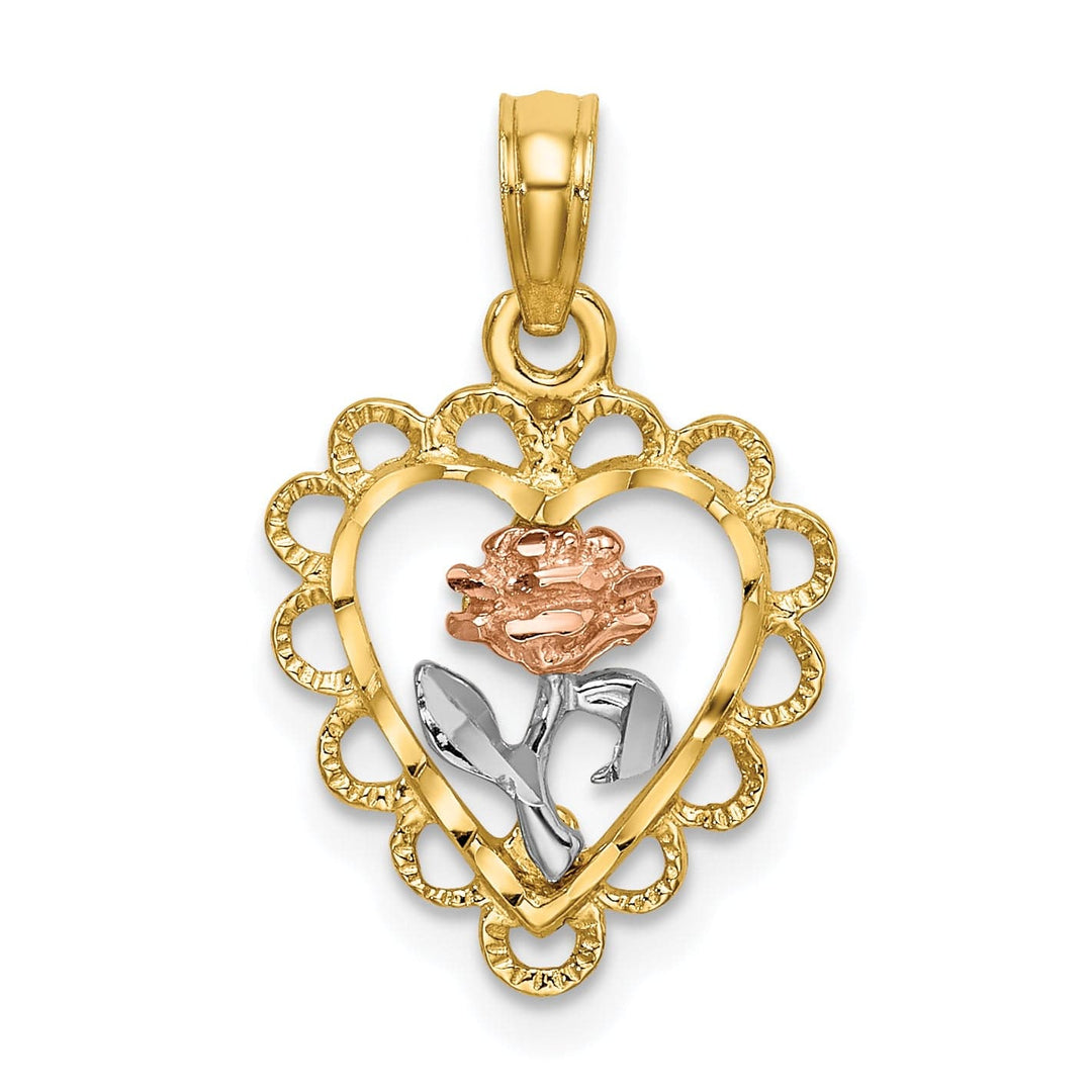 Lovely Rita's Charms & Pendants 14k Two-tone White Rhodium Heart wth Rose and Lace Trim Pendant