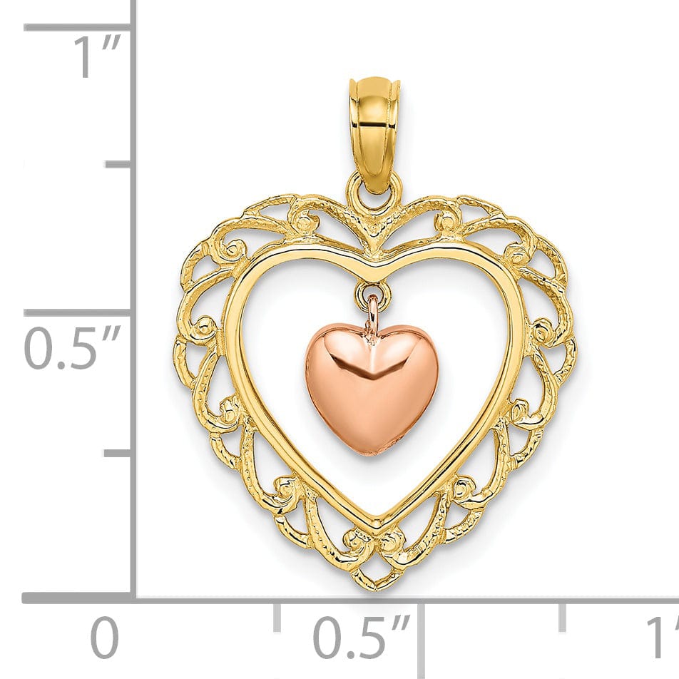 Lovely Rita's Charms & Pendants 14k Yellow and Rose Gold Polished Dangling Heart In Heart Pendant