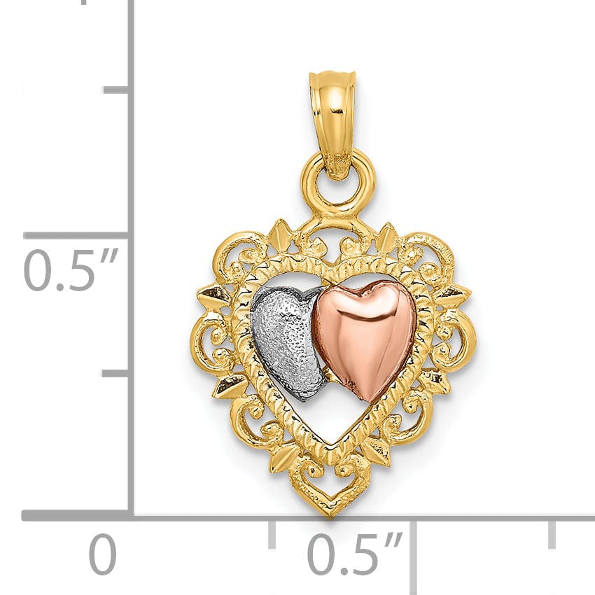 Lovely Rita's Charms & Pendants 14k Yellow Rose Gold Rhodium Textured Hearts Pendant
