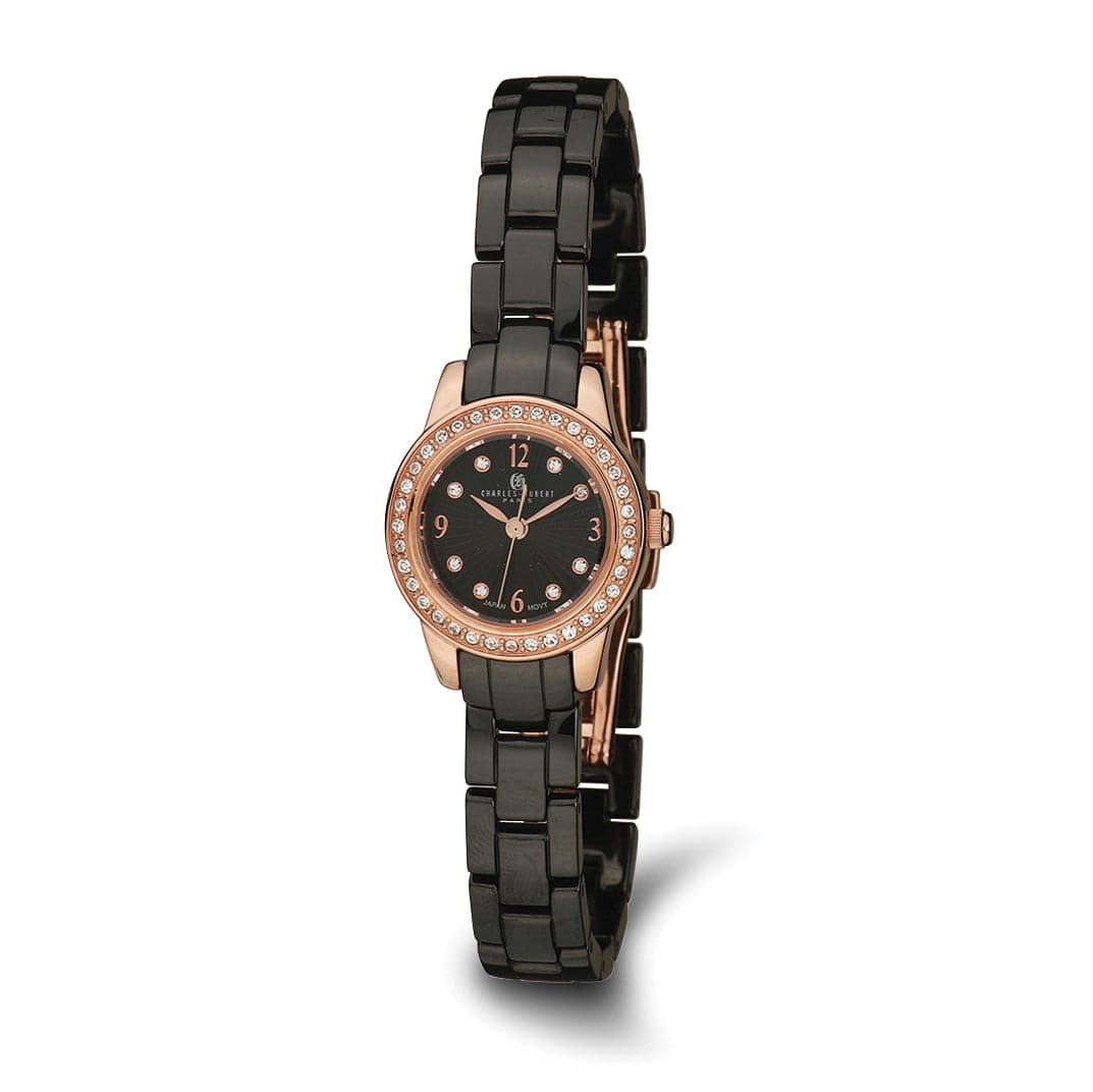 Lovely Rita's Watch Charles Hubert Black Ceramic SS Rose Crsytal Bezel Black Dial Watch