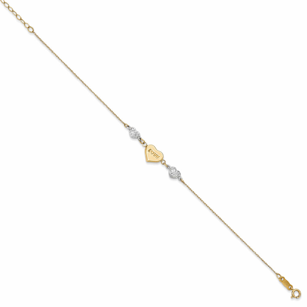 14K Two Tone Gold Puffed LOVE Heart & Hearts Bracelet
