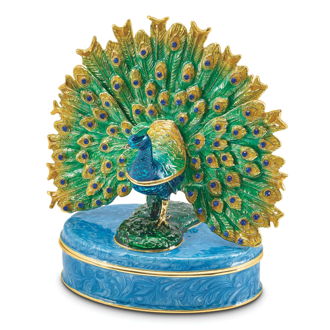 Bejeweled Pewter Multi Color Enamel Finish Peacock on Oval Trinket Box