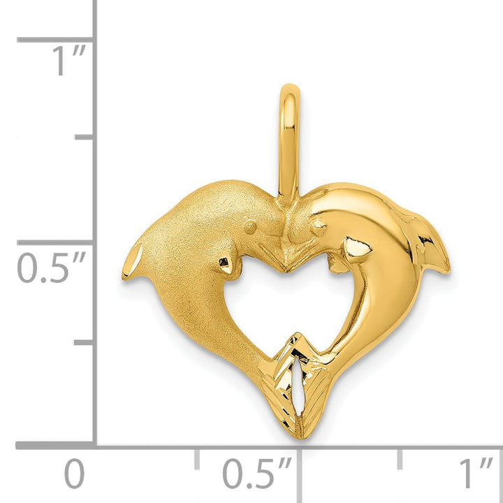 14k Yellow Gold Solid Polished Finish 2-Dolphin Heart Design Charm Pendant