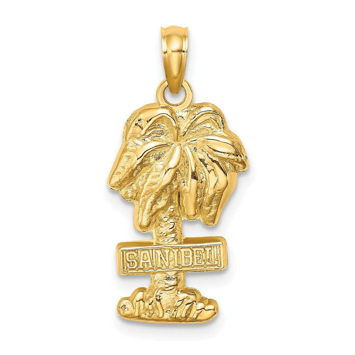 14K Yellow Gold Polished Textured Finish SANIBEL FLORIDA Banner on Palm Tree Charm Pendant