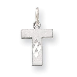 14k White Gold Satin Diamond Cut Finish Letter T Initial Pendant
