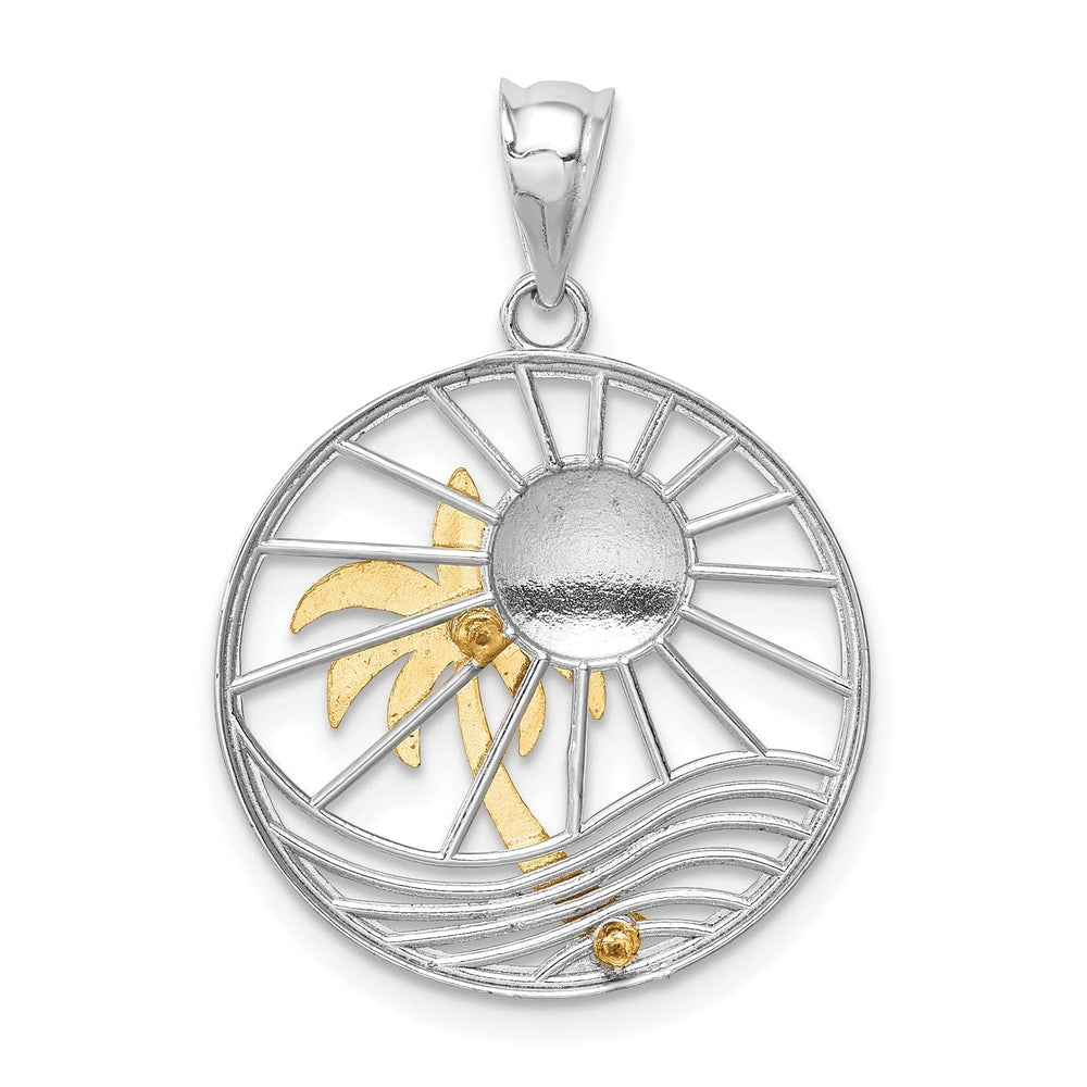 14K Two Tone Gold Solid Polished Finish Sunset with Palm Tree In Circle Design Charm Pendant