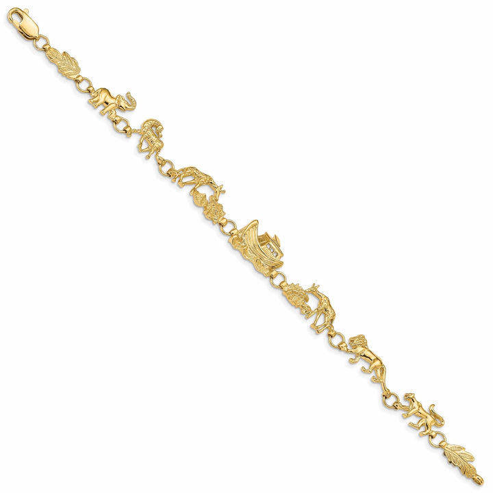 14k yellow gold Noah's Ark bracelet with lions, giraffes, and horses. 7-inch, 11-mm wide