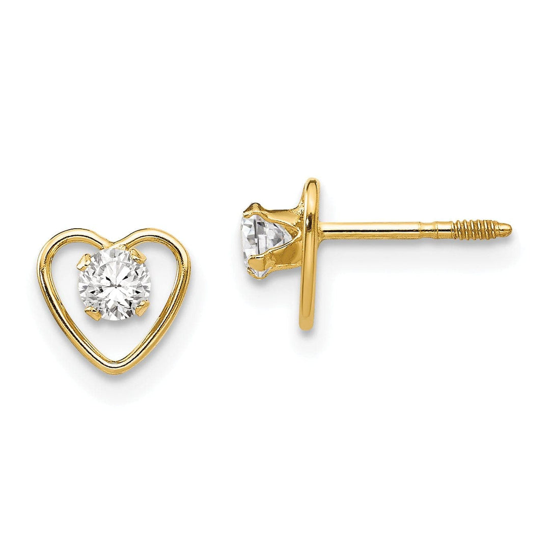 14k Yellow Gold White Zirconia Heart Earrings
