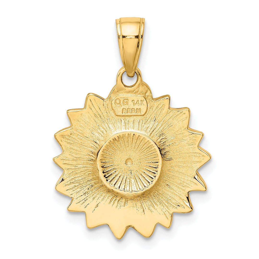 14k Yellow Gold Casted Textured Back Solid Polished Finish Enameled Black and Yellow Sunflower Charm Pendant