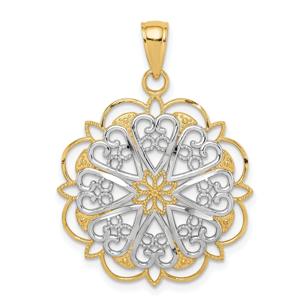 14K Yellow Gold Solid Filigree Hearts with Scalloped Edge Fancy Design Round Pendant