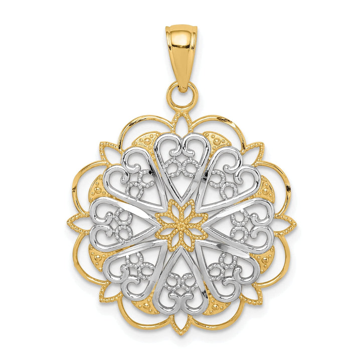 14K Yellow Gold Solid Filigree Hearts with Scalloped Edge Fancy Design Round Pendant