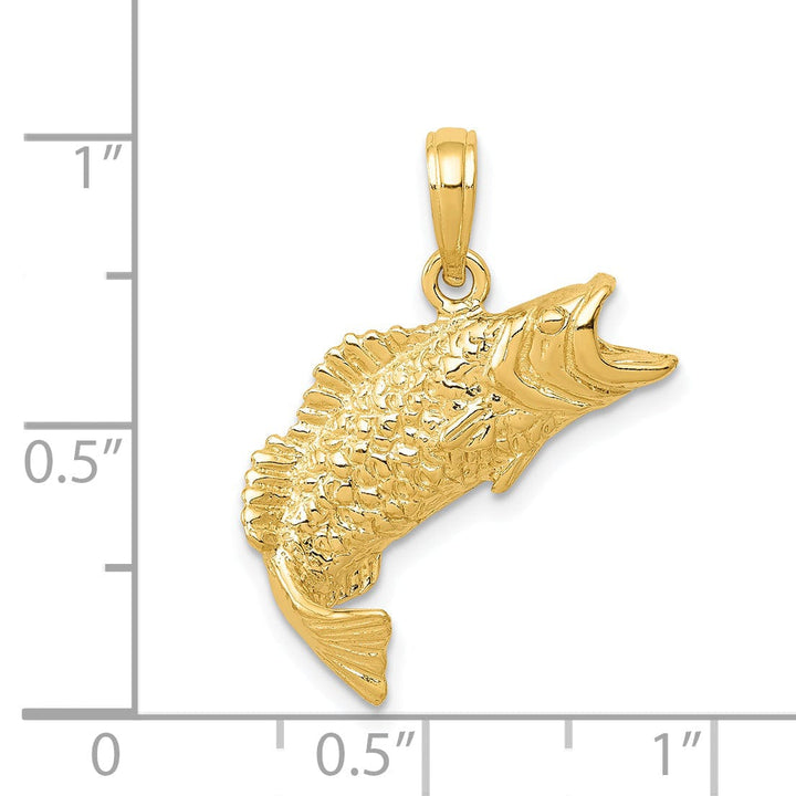 14k Yellow Gold Solid Polished Textured Finish Bass Fish Jumping Charm Pendant