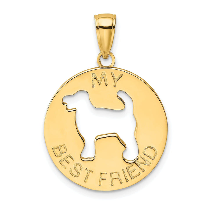 14K Yellow Gold Polished Finish Flat Back Circle Shape MY BEST FRIEND with Dog Charm Pendant