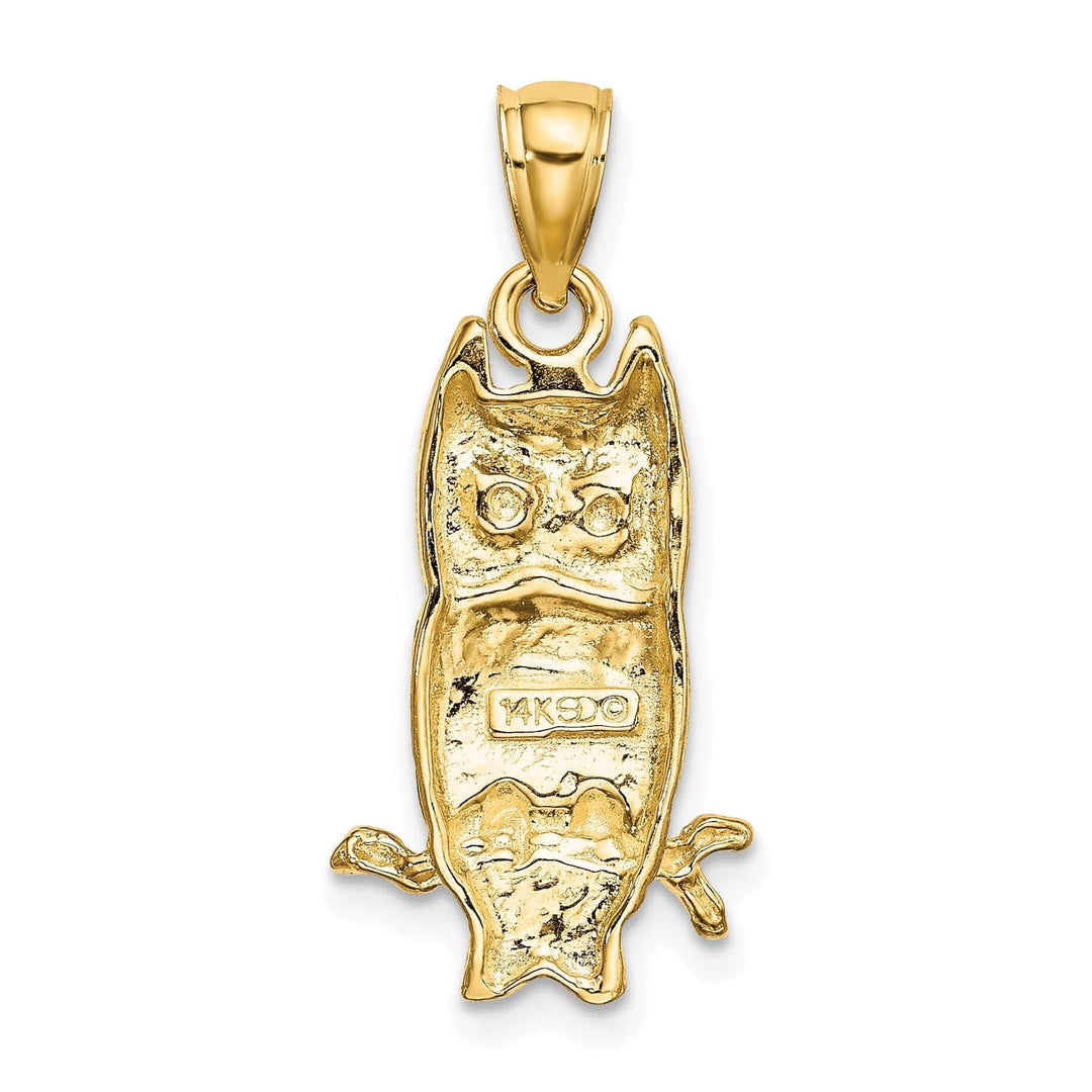 14K Yellow Gold Polished Textured Finish Concave Shape Owl on Branch Charm Pendant