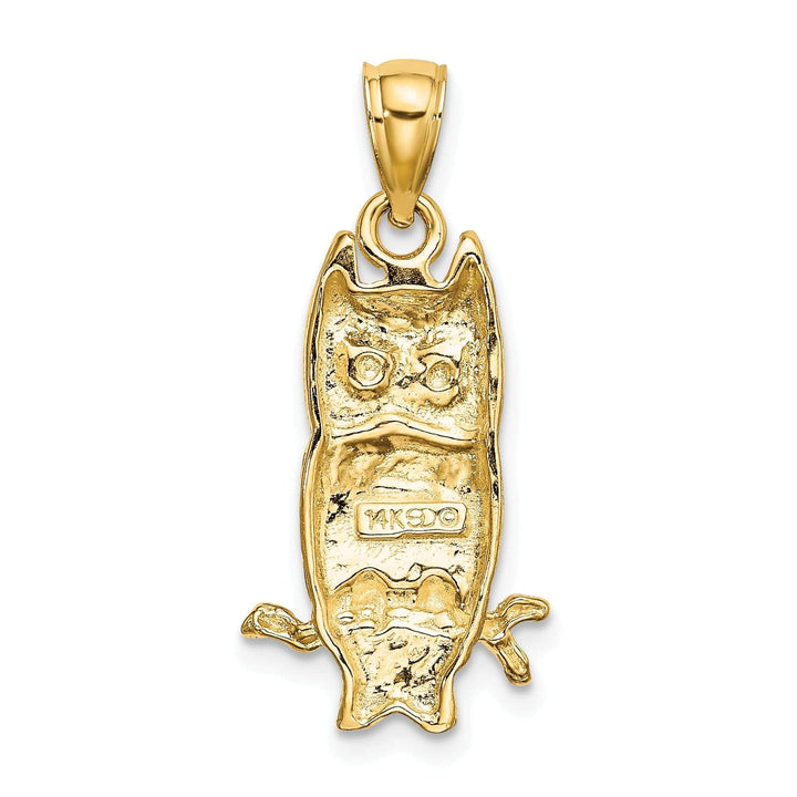 14K Yellow Gold Polished Textured Finish Concave Shape Owl on Branch Charm Pendant