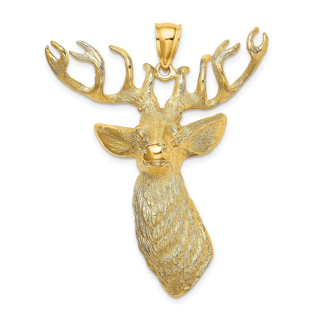 14K Yellow Gold Textured Polished Finish 3D Deer Head with Antlers Charm Pendant