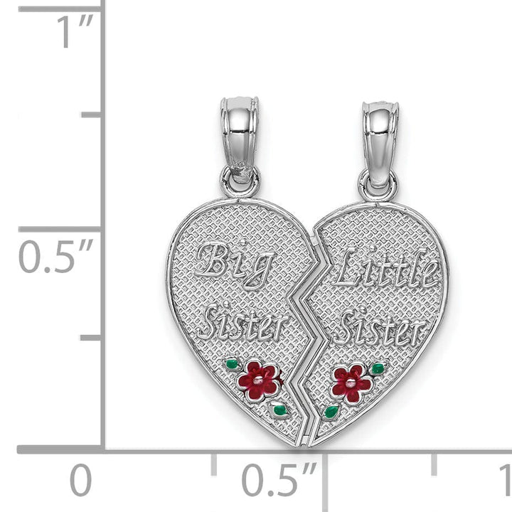 14K White Gold Textured, Red, Green Enamel Finish BIG-LITTLE SISTER Break Apart Heart Charm Pendant