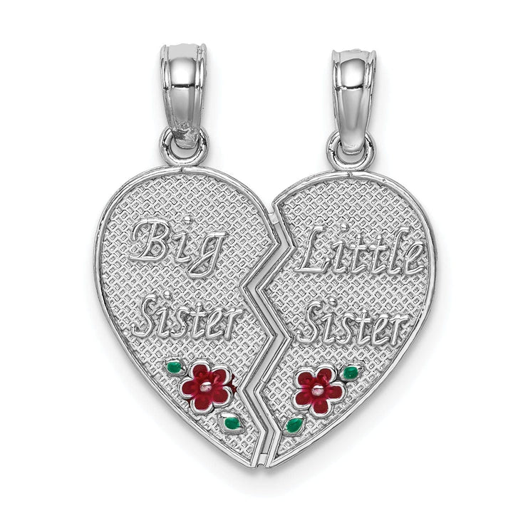 14K White Gold Textured, Red, Green Enamel Finish BIG-LITTLE SISTER Break Apart Heart Charm Pendant