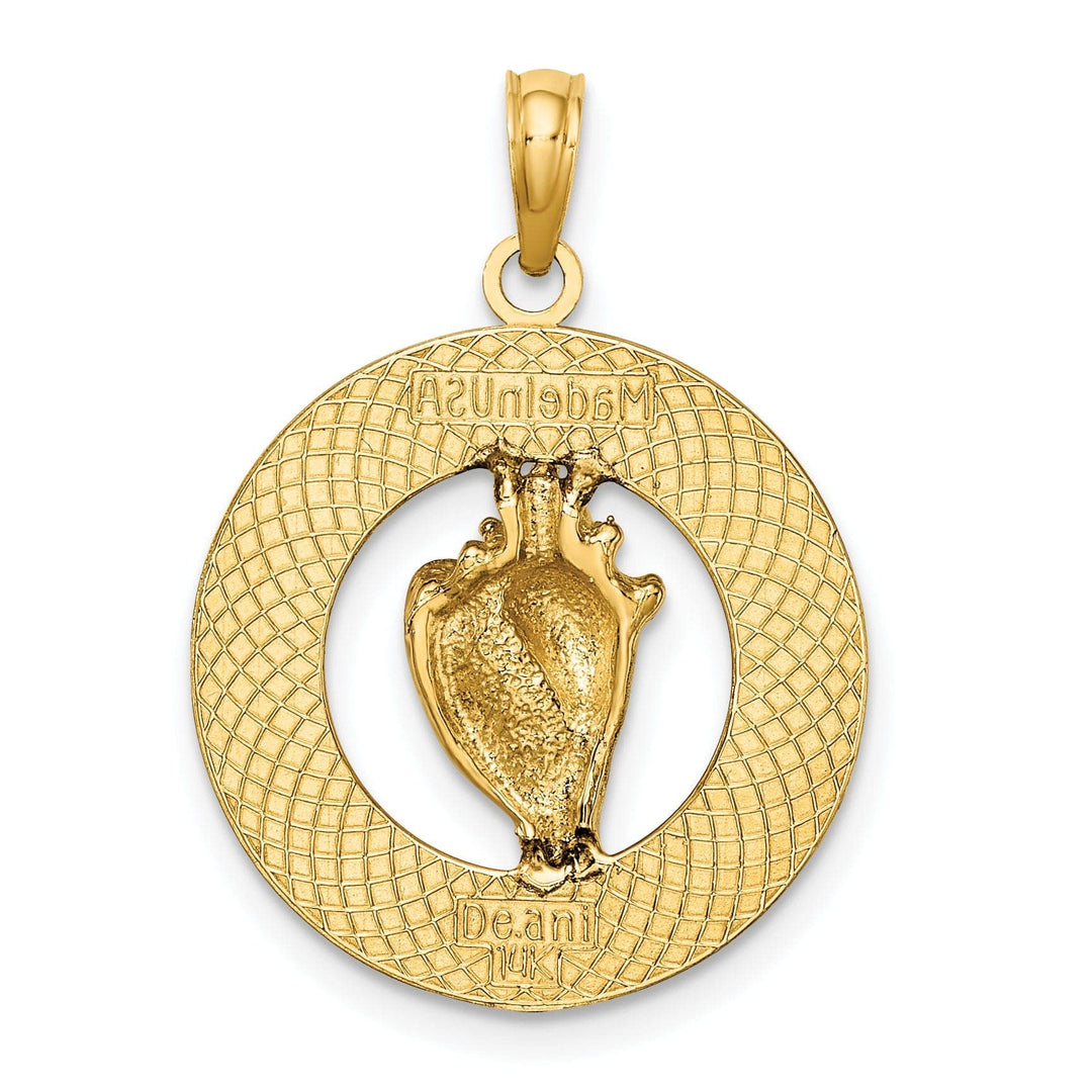 14K Yellow Gold Polished Pink Enameled Finish ANTIGUA, W.I Circle Design with Conch Shell Charm Pendant