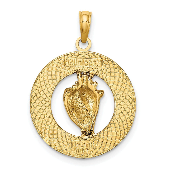 14K Yellow Gold Polished Pink Enameled Finish ANTIGUA, W.I Circle Design with Conch Shell Charm Pendant