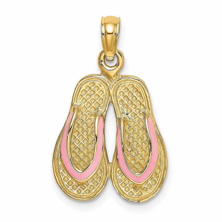 14k Yellow Gold 3-Dimensional Polished Pink Color Enamel Finish Double Flip-Flop Sandal Charm Pendant