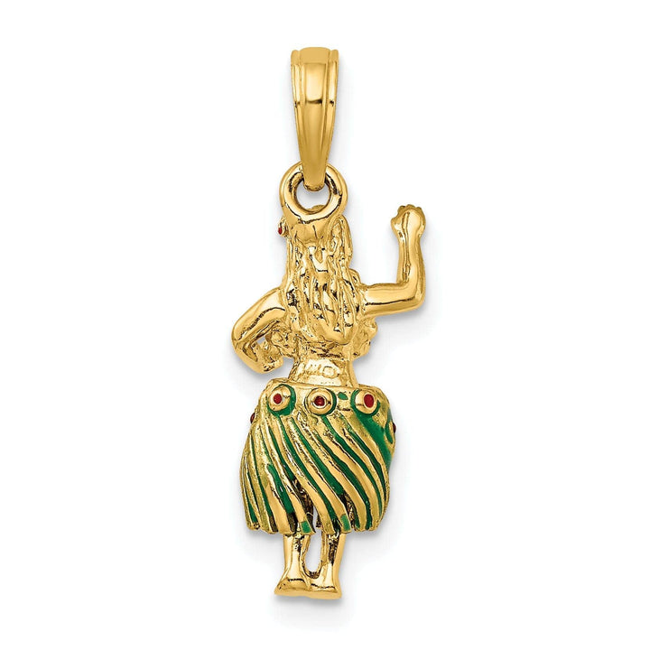 14K Yellow Gold Red, Green Enameled Polished Finish 3-Dimensional Hula Girl With Moveable Grass Skirt Charm Pendant