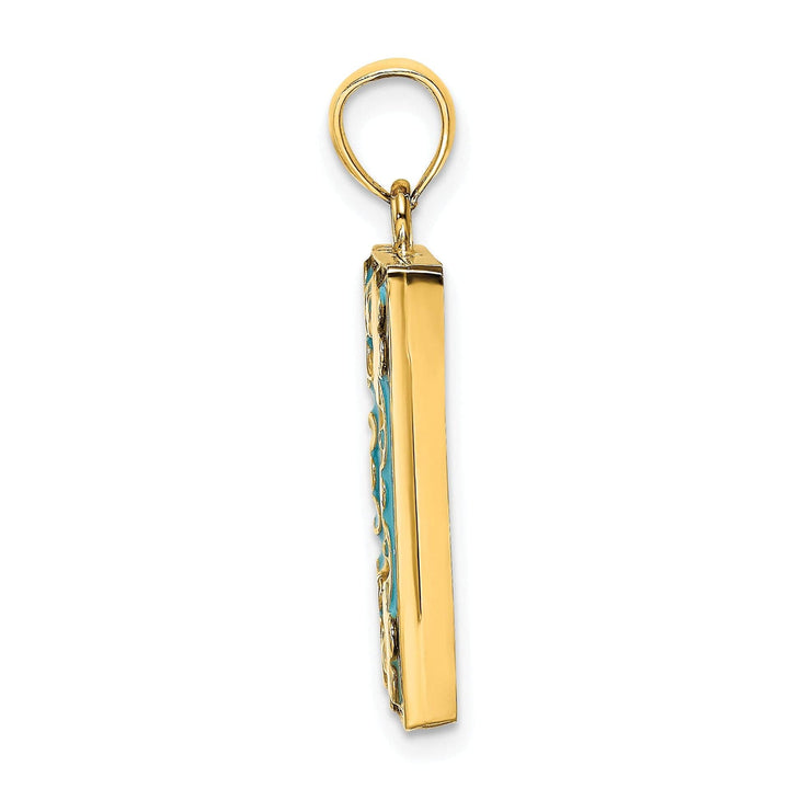 14k Yellow Gold with Multi-colored Enamel Hallow Open Back Polished Finish Aqua Picture Frame with flowers Charm Pendant