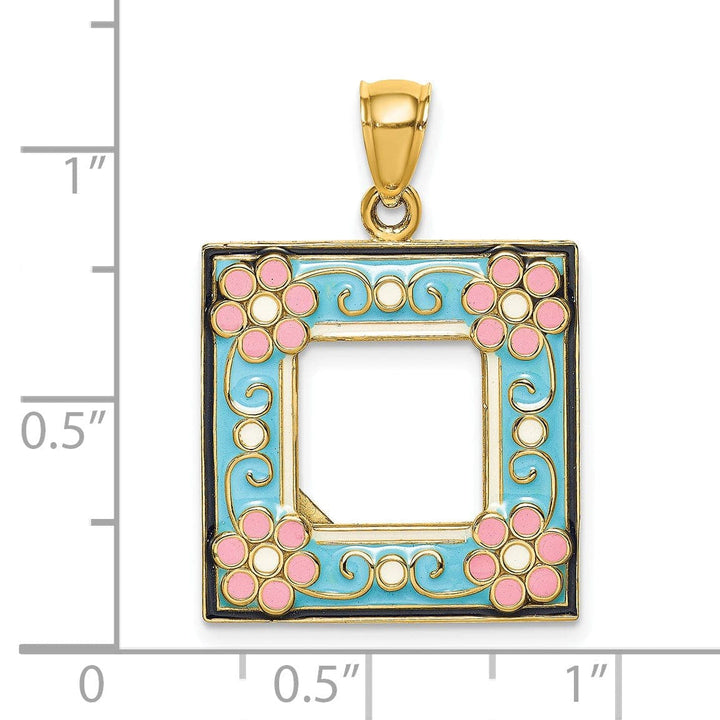 14k Yellow Gold with Multi-colored Enamel Hallow Open Back Polished Finish Aqua Picture Frame with flowers Charm Pendant