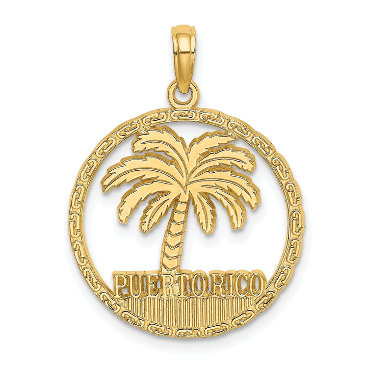 14K Yellow Gold PUERTO RICO Palm Tree Design Circle Pendant