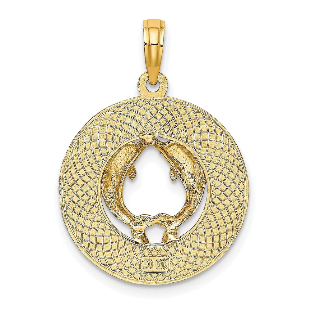 14K Yellow Gold Polished Textured Finish SANIBEL Florida with Double Dolphins in Circle Design Charm Pendant