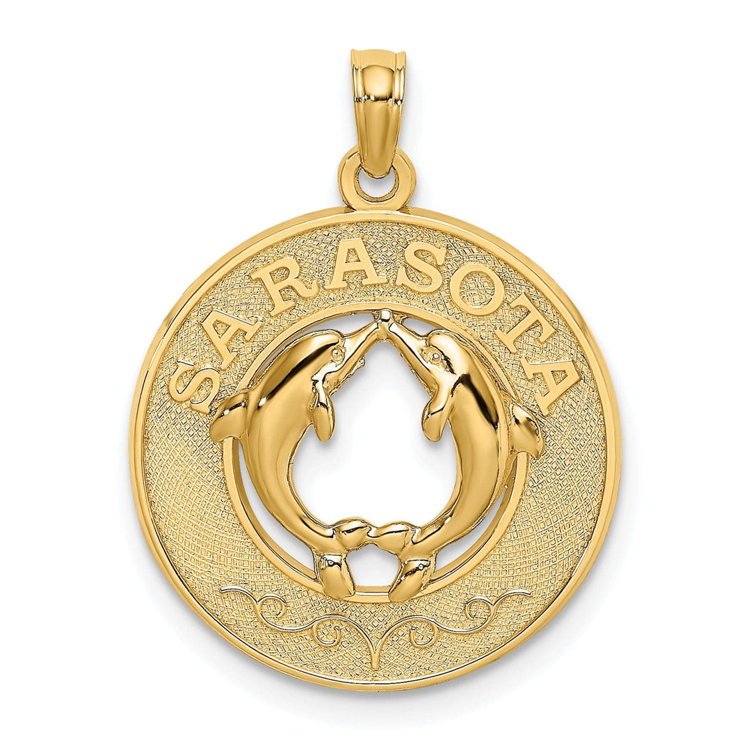 14K Yellow Gold Polished Textured Finish SARASOTA Florida with Double Dolphins in Circle Design Charm Pendant