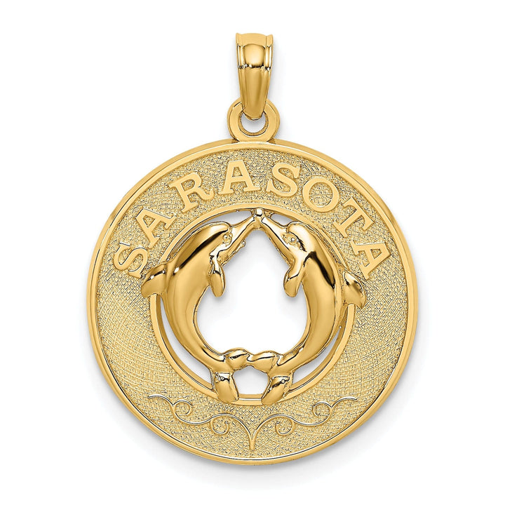 14K Yellow Gold Polished Textured Finish SARASOTA Florida with Double Dolphins in Circle Design Charm Pendant