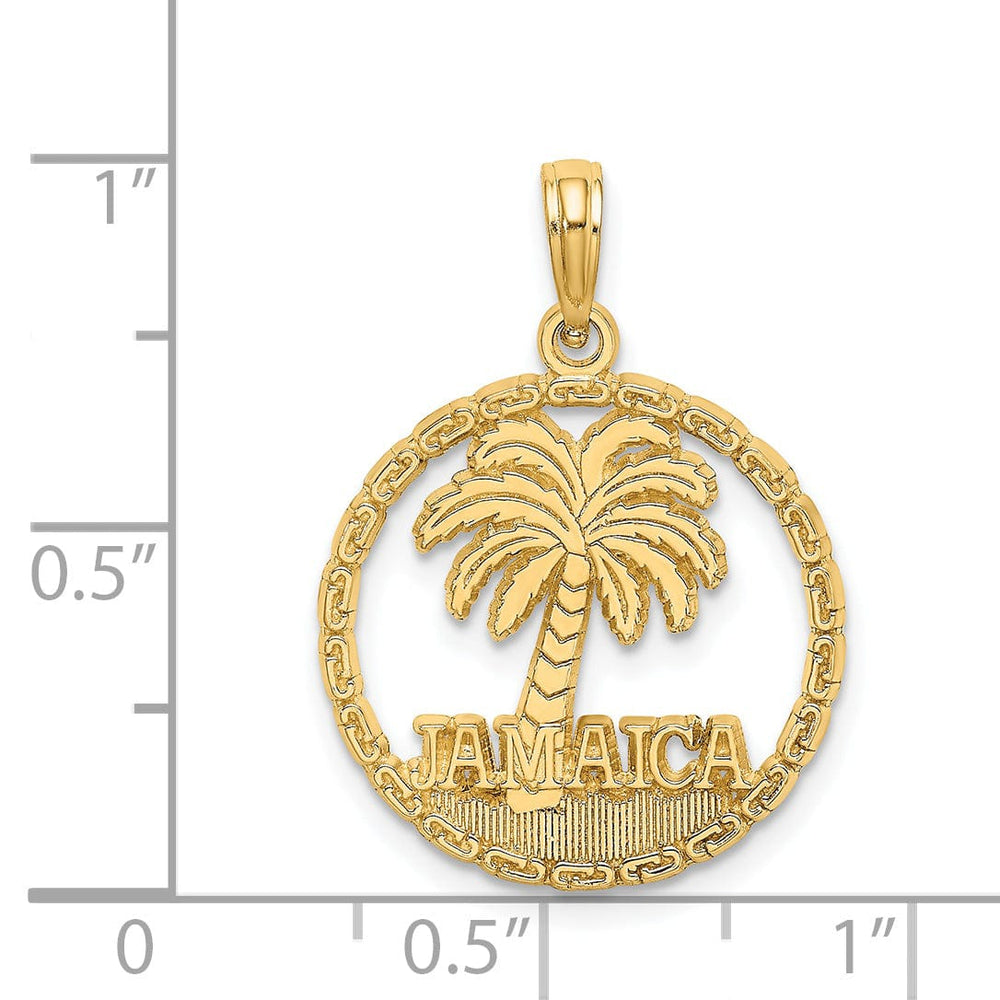 14K Yellow Gold Polished Texture Finish JAMAICA & Palm Tree with Banner Sign in Round Disk Shape Charm Pendant