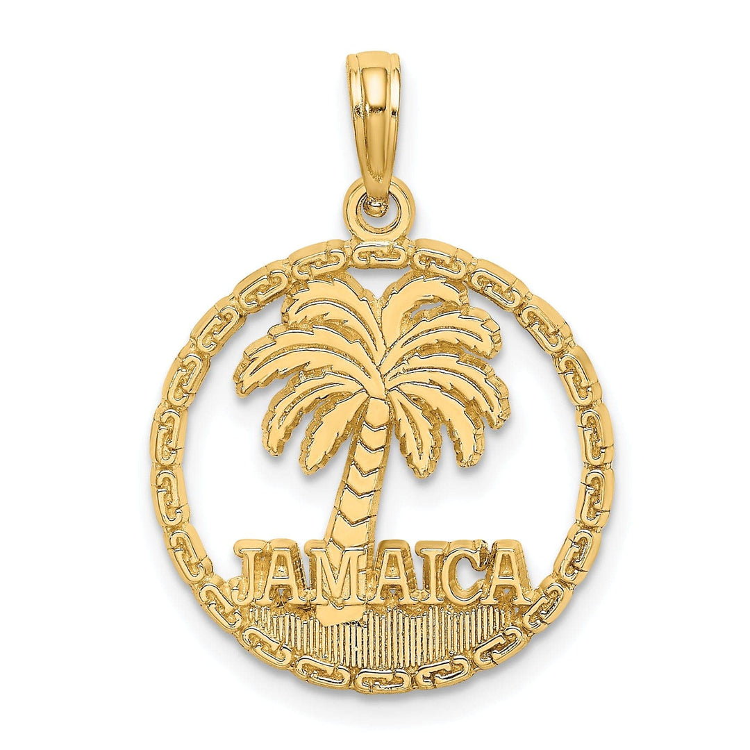 14K Yellow Gold Polished Texture Finish JAMAICA & Palm Tree with Banner Sign in Round Disk Shape Charm Pendant