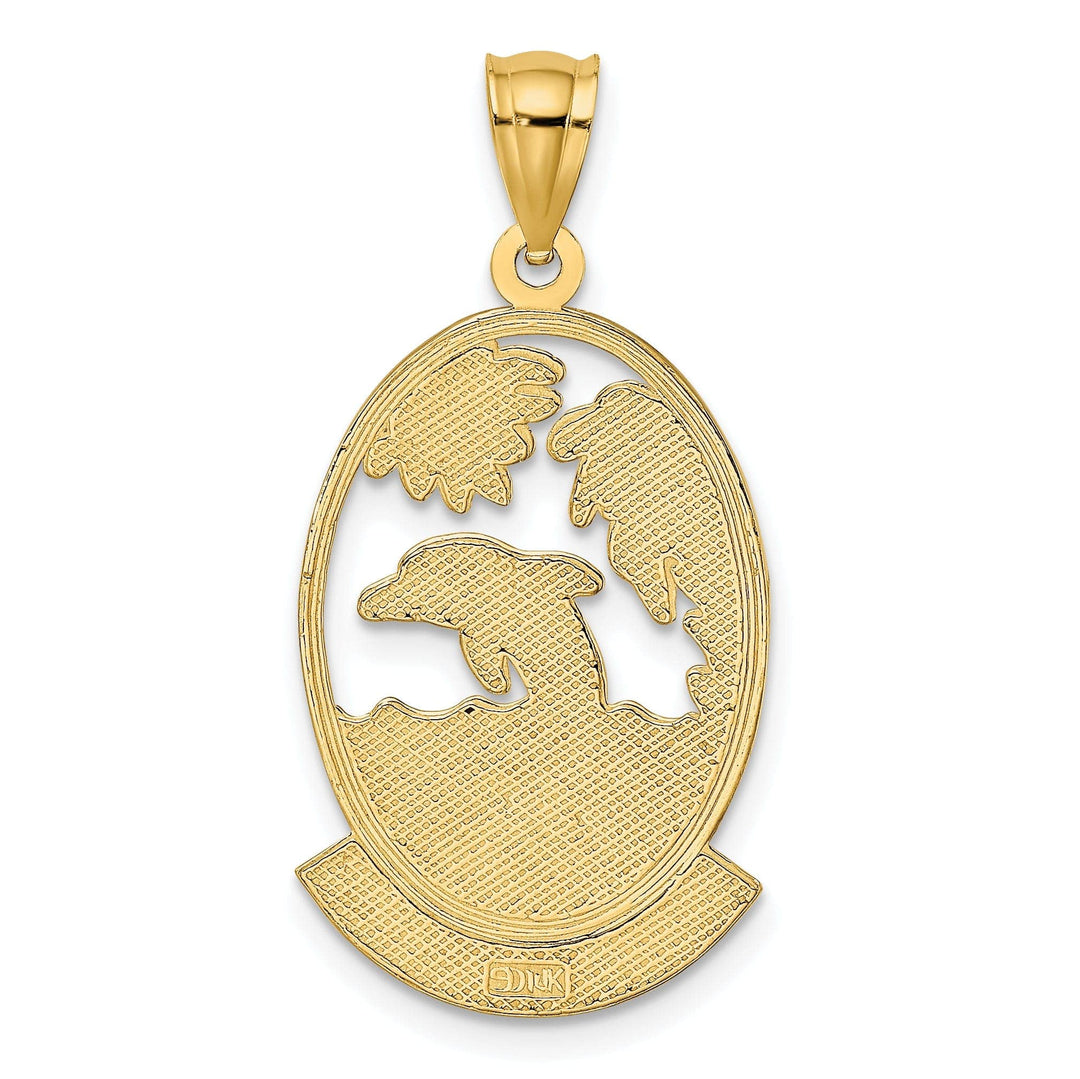 14K Yellow Gold Polished Finish JAMAICA with Dolphins, Waves, Sunshine Scene Back Ground Oval Shape Charm Pendant