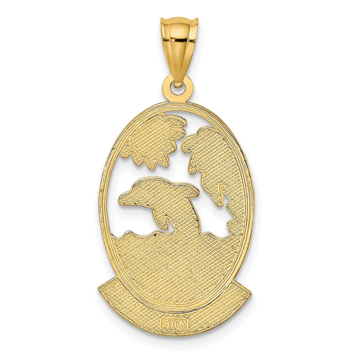 14K Yellow Gold Polished Finish JAMAICA with Dolphins, Waves, Sunshine Scene Back Ground Oval Shape Charm Pendant