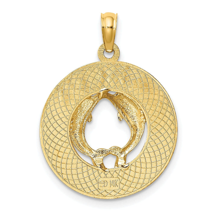 14K Yellow Gold Polished Textured Finish CANCUN Circle Design with Double Dolphins Charm Pendant