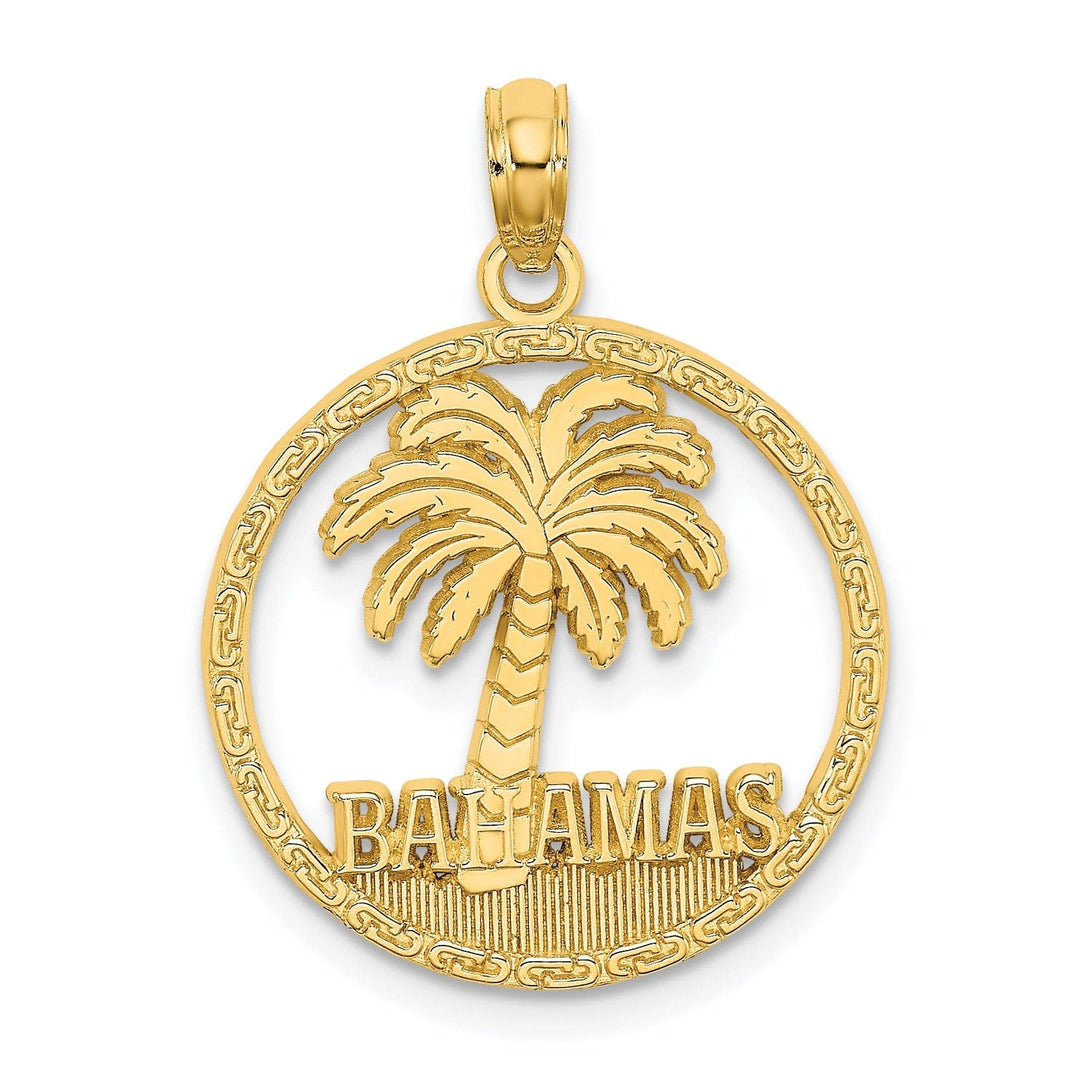 14K Yellow Gold Polished Textured Finish BAHAMAS Under Palm Tree Round Circle Trim Design Charm Pendant
